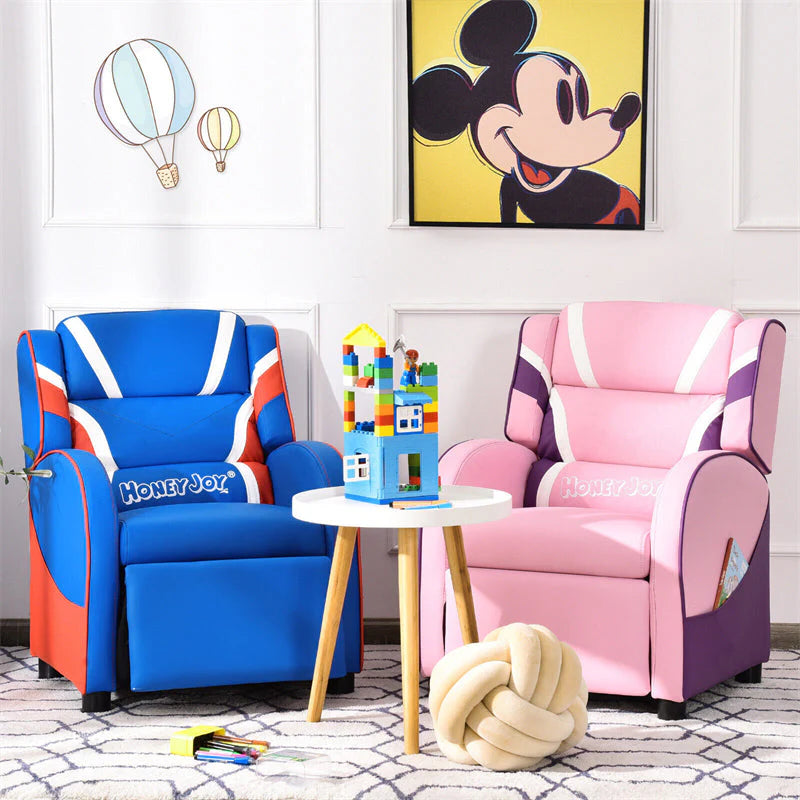 Kids Recliner Chair. Adjustable PU Leather Gaming Sofa with Footrest. Lumbar Support & Side Pockets. Ergonomic Children Lounge Armchair