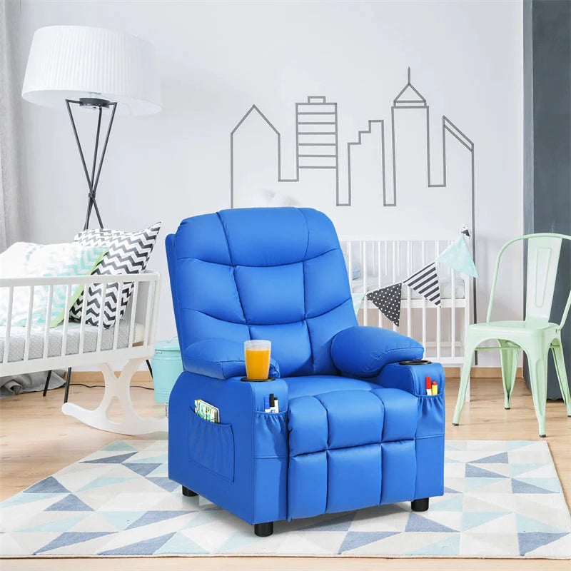 Kids Recliner Chair PU Leather Adjustable Lounge Sofa with Cup Holder. 3 Pockets & Retractable Footrest. Ergonomic Toddler Furniture Sofa