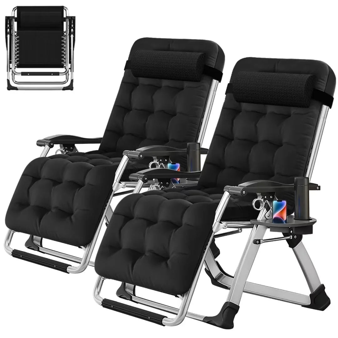 NAIZEA 2 Pack Zero Gravity Chair. Foldable Portable Lawn Recliner with Cushion. Headrest. Cup Holder. Black