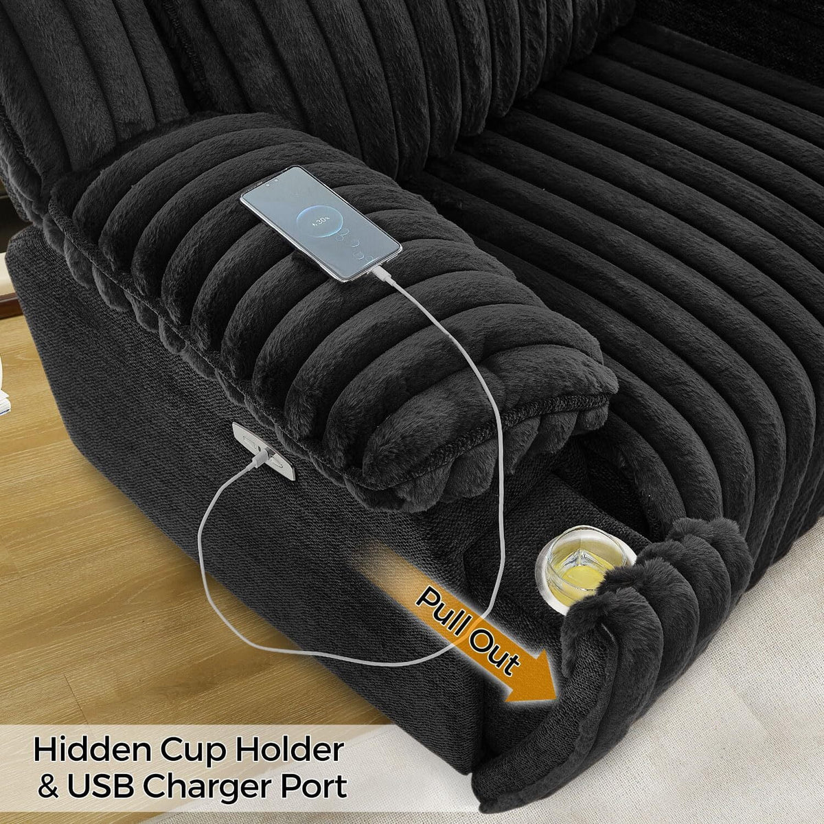 Power Reclining Sectional Sofa with Wireless Charger. 6 - Seater Faux Fur Sectional with Recliners. Hidden Cup Holders. Storage Console. USB & Type - C Ports. Black