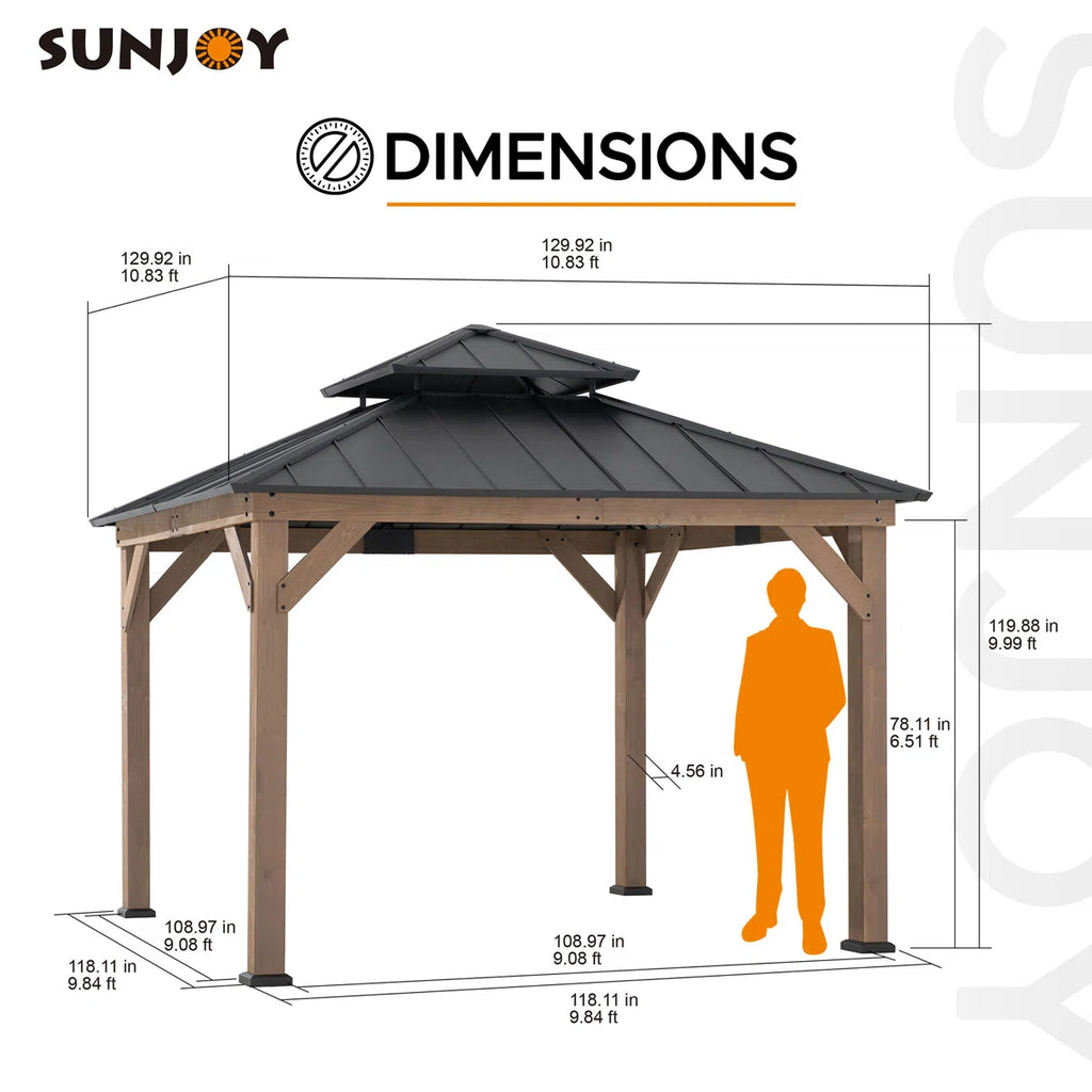 Sunjoy 11 x 11 ft. Wood Gazebo Standard Cedar Framed Gazebos with Black Double Steel Hardtop Roof for Garden. Backyard Shade