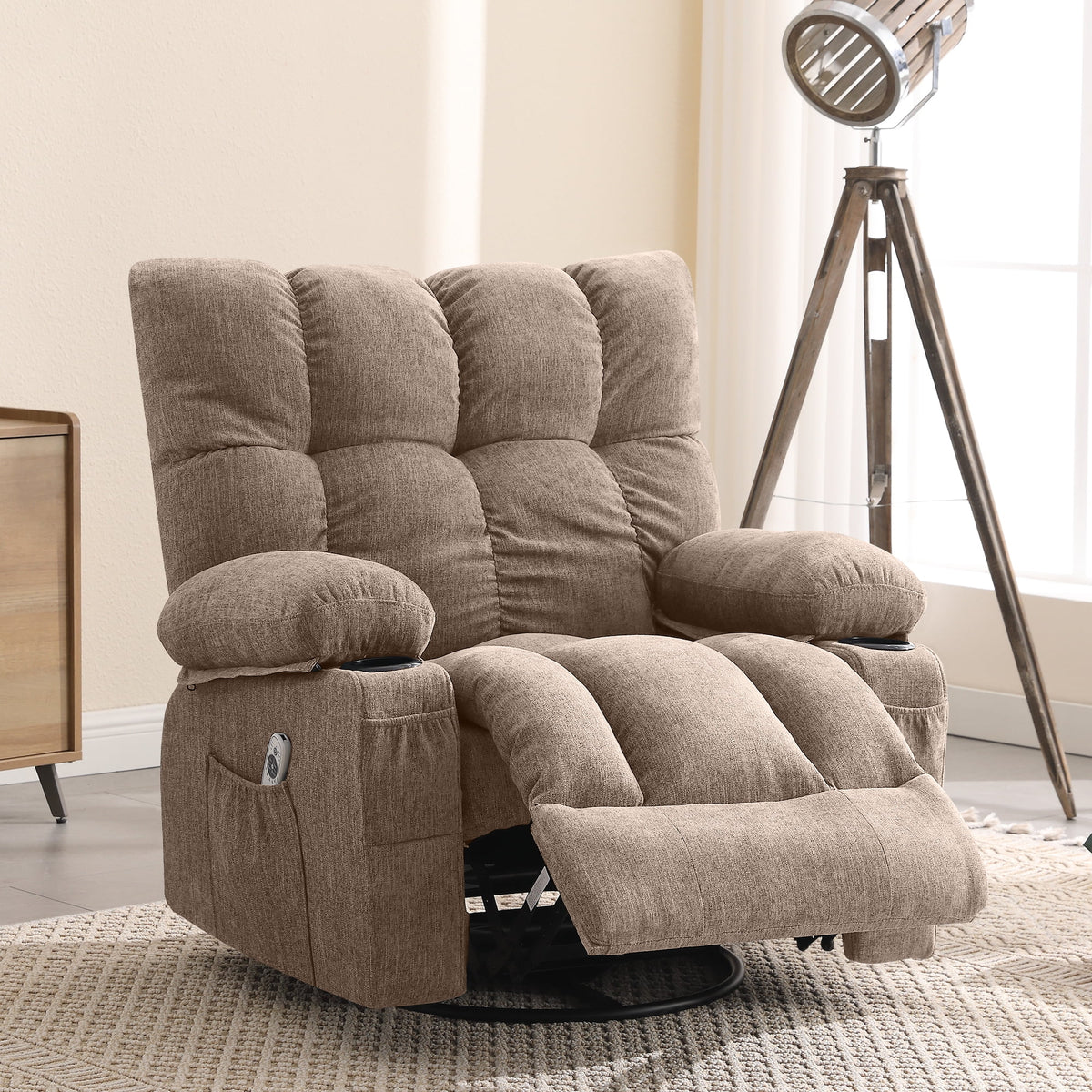 JONPONY Manual Recliner Chair with Heat Therapy and Massage Function. Heavy Duty Reclining Mechanism Massage Chair. Elderly Single Rocker Sofa with Cup Holders for Bedroom Home Theater. Grey