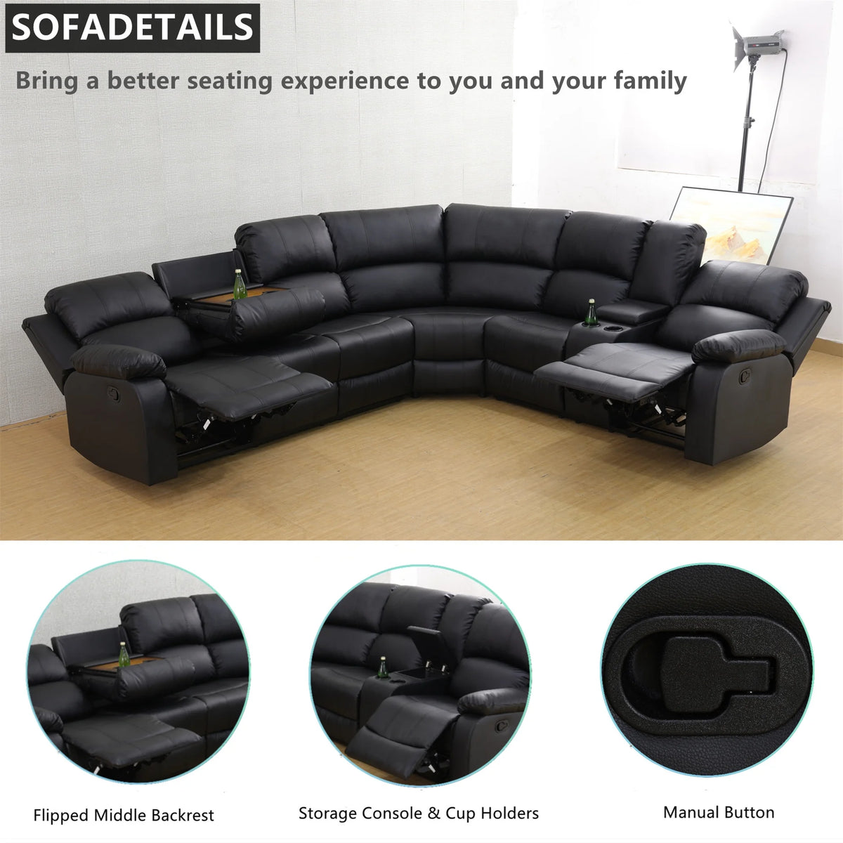 Aukfa 3 - Piece Recliner Sofa Set. 6 Seat Sectional Couch with Cup Holders&Storage Console. Gray
