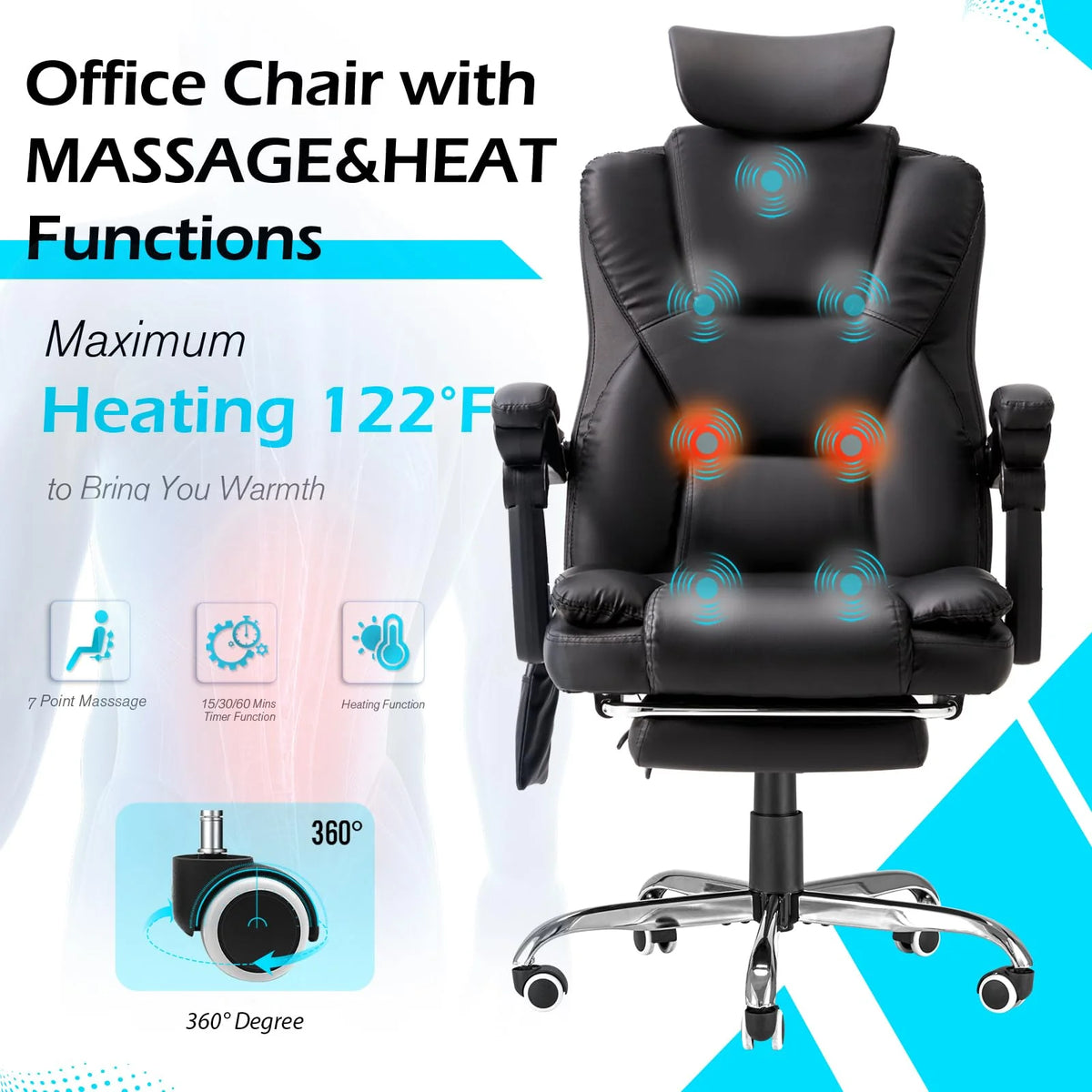 AECOJOY Office Chair with 7 Points Vibration Massage&Heat. Adjustable Ergonomic Recliner. Black