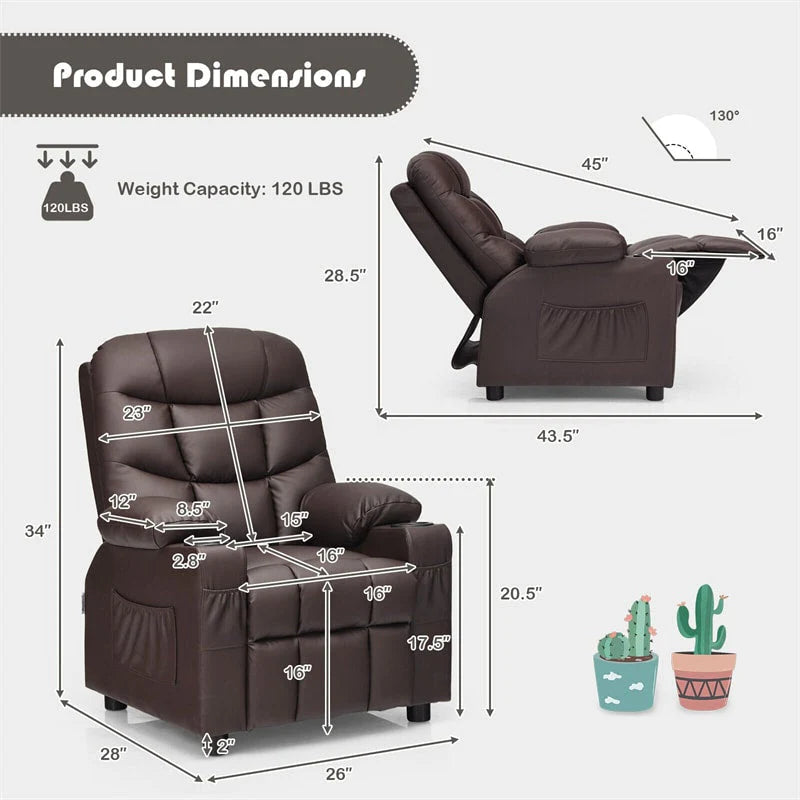 Kids Recliner Chair Adjustable Velvet Lounge Sofa with Cup Holders. 3 Pockets. Retractable Footrest. Toddler Furniture Sofa for Boys Girls Room