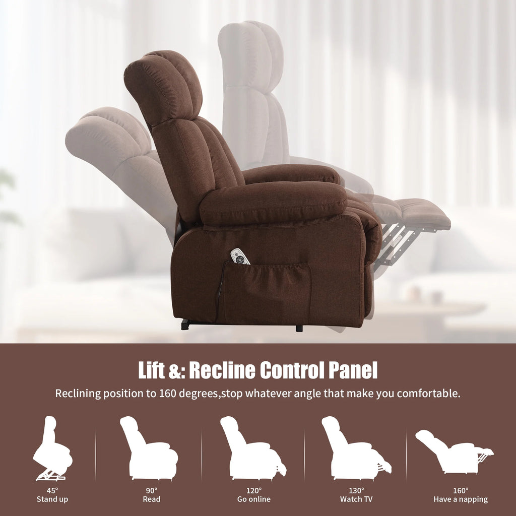 JONPONY Power Lift Recliner Chair Recliners for Elderly with Heat and Massage Recliner Chair for Living Room with Infinite Position and Side Pocket. USB Charge Port. Brown