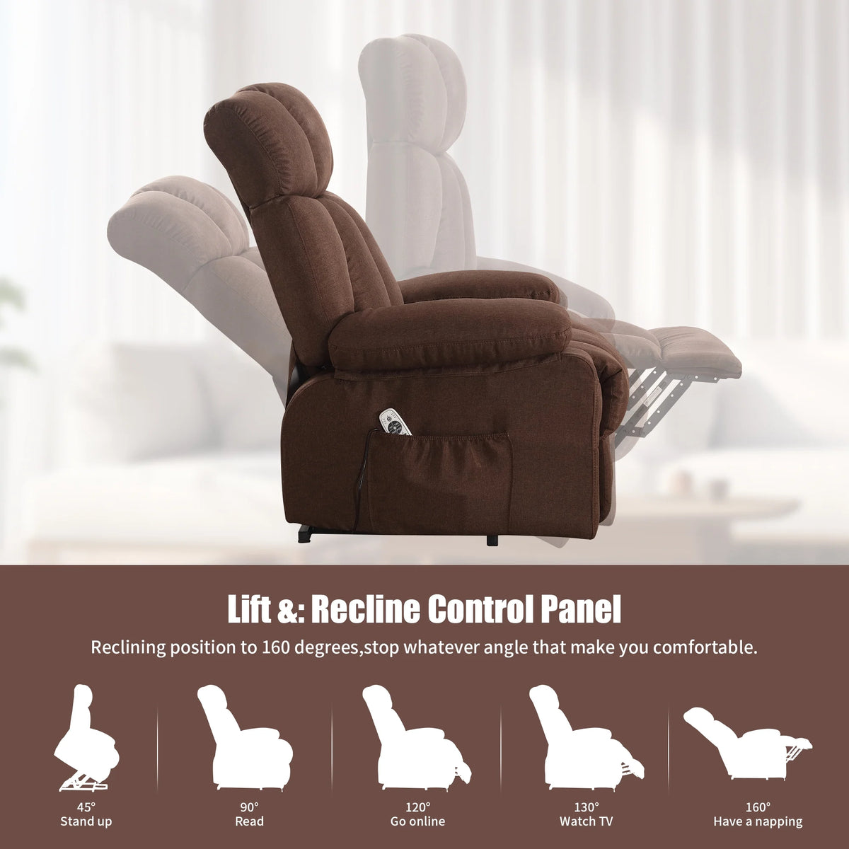 JONPONY Power Lift Recliner Chair Recliners for Elderly with Heat and Massage Recliner Chair for Living Room with Infinite Position and Side Pocket. USB Charge Port. Brown