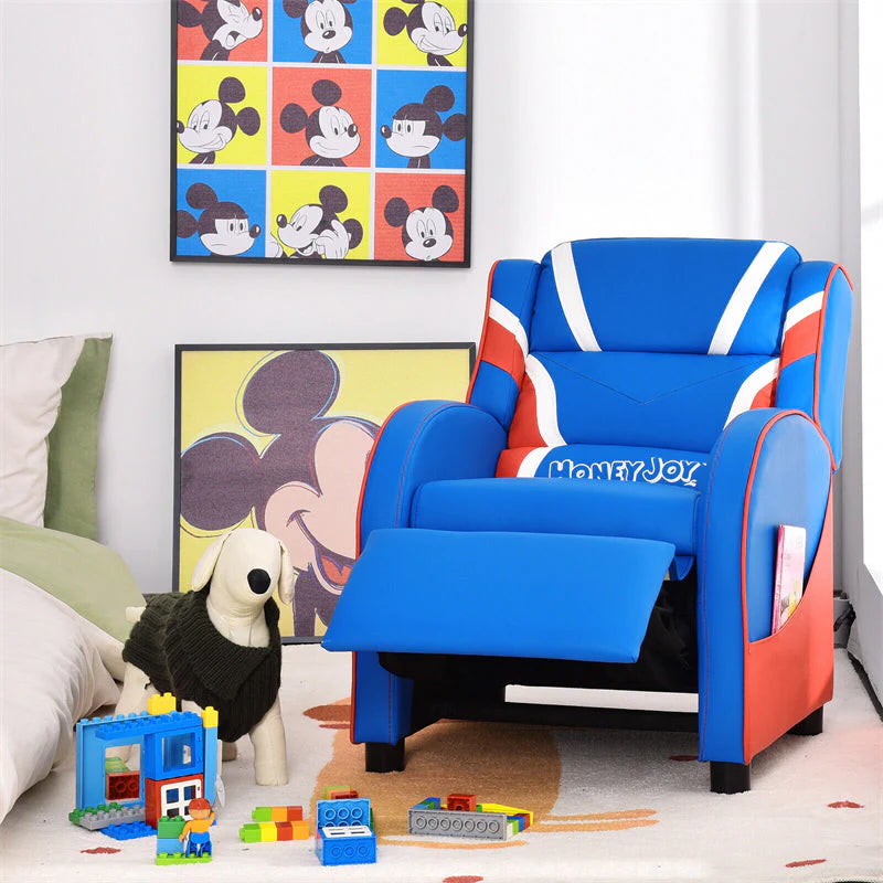 Kids Recliner Chair. Adjustable PU Leather Gaming Sofa with Footrest. Lumbar Support & Side Pockets. Ergonomic Children Lounge Armchair