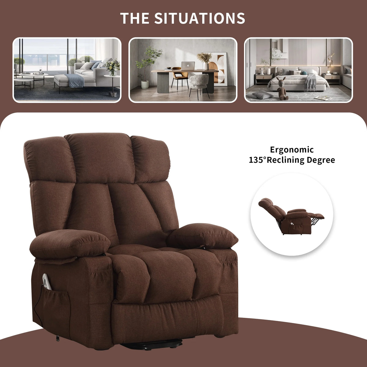 JONPONY Power Lift Recliner Chair Recliners for Elderly with Heat and Massage Recliner Chair for Living Room with Infinite Position and Side Pocket. USB Charge Port. Brown