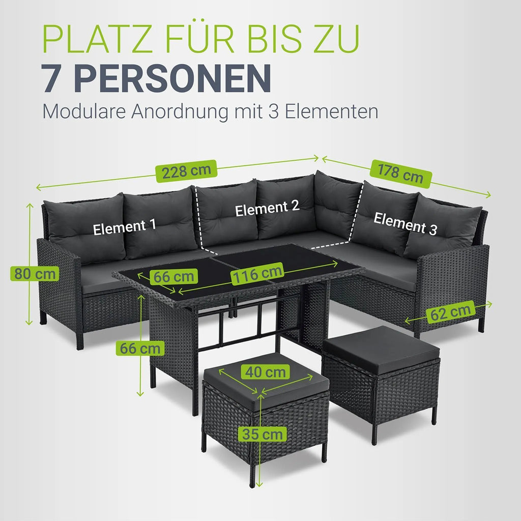 Juskys Polyrattan Lounge Manacor - Sofa. Tisch. Hocker & Kissen - Schwarz & Grau