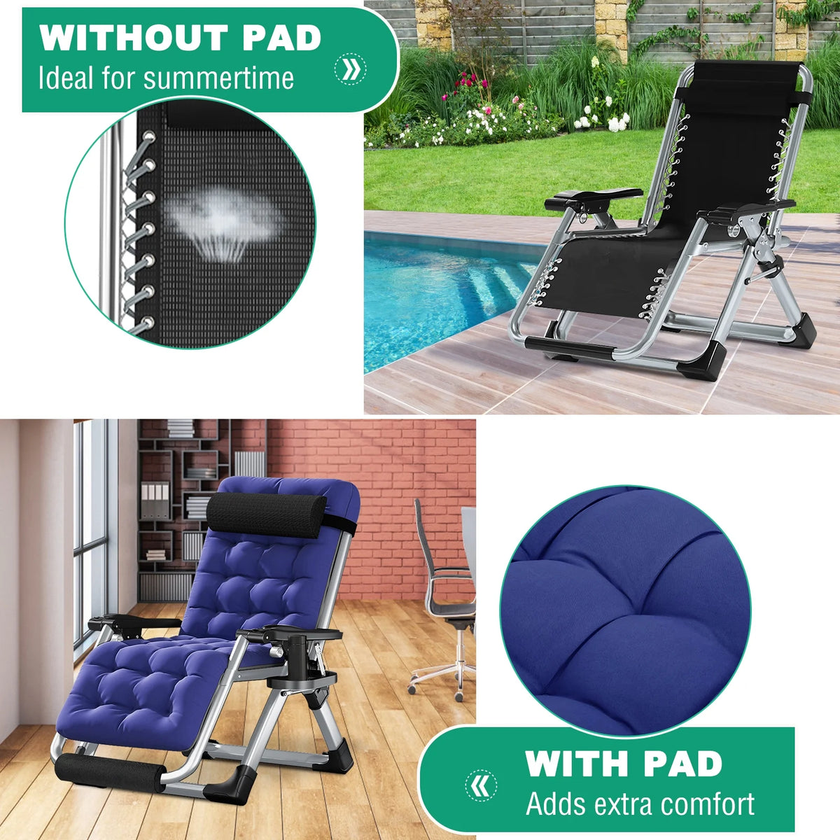 NAIZEA 2 Pack Zero Gravity Chair. Foldable Portable Lawn Recliner with Cushion. Headrest. Cup Holder. Black