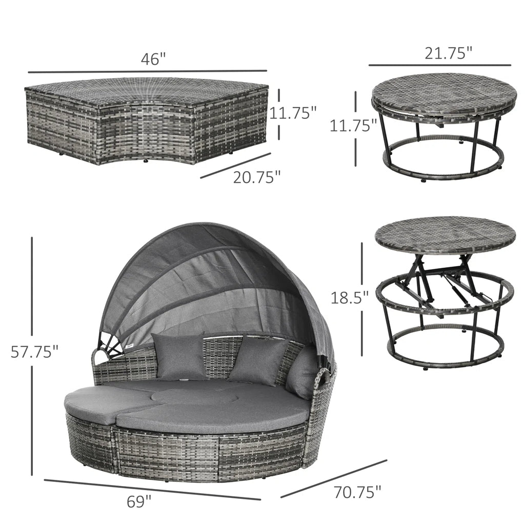 Jazmyne Outsunny 4 Piece Round Rattan Daybed. Convertible Patio Furniture Set. Adjustable Sun Canopy. Sectional Outdoor Sofa. 2 Chairs. Extending Tea Table Ottoman Chair. 3 Pillows