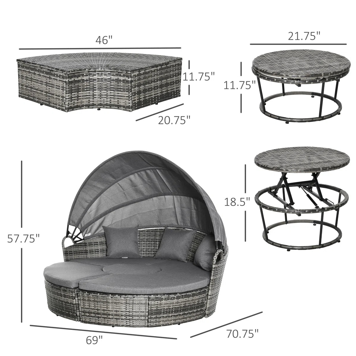 Jazmyne Outsunny 4 Piece Round Rattan Daybed. Convertible Patio Furniture Set. Adjustable Sun Canopy. Sectional Outdoor Sofa. 2 Chairs. Extending Tea Table Ottoman Chair. 3 Pillows