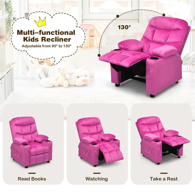 Kids Recliner Chair Adjustable Velvet Lounge Sofa with Cup Holders. 3 Pockets. Retractable Footrest. Toddler Furniture Sofa for Boys Girls Room
