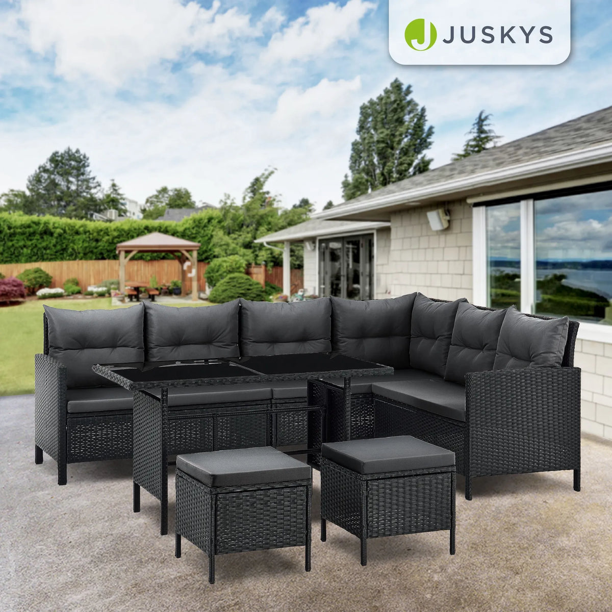 Juskys Polyrattan Lounge Manacor - Sofa. Tisch. Hocker & Kissen - Schwarz & Grau