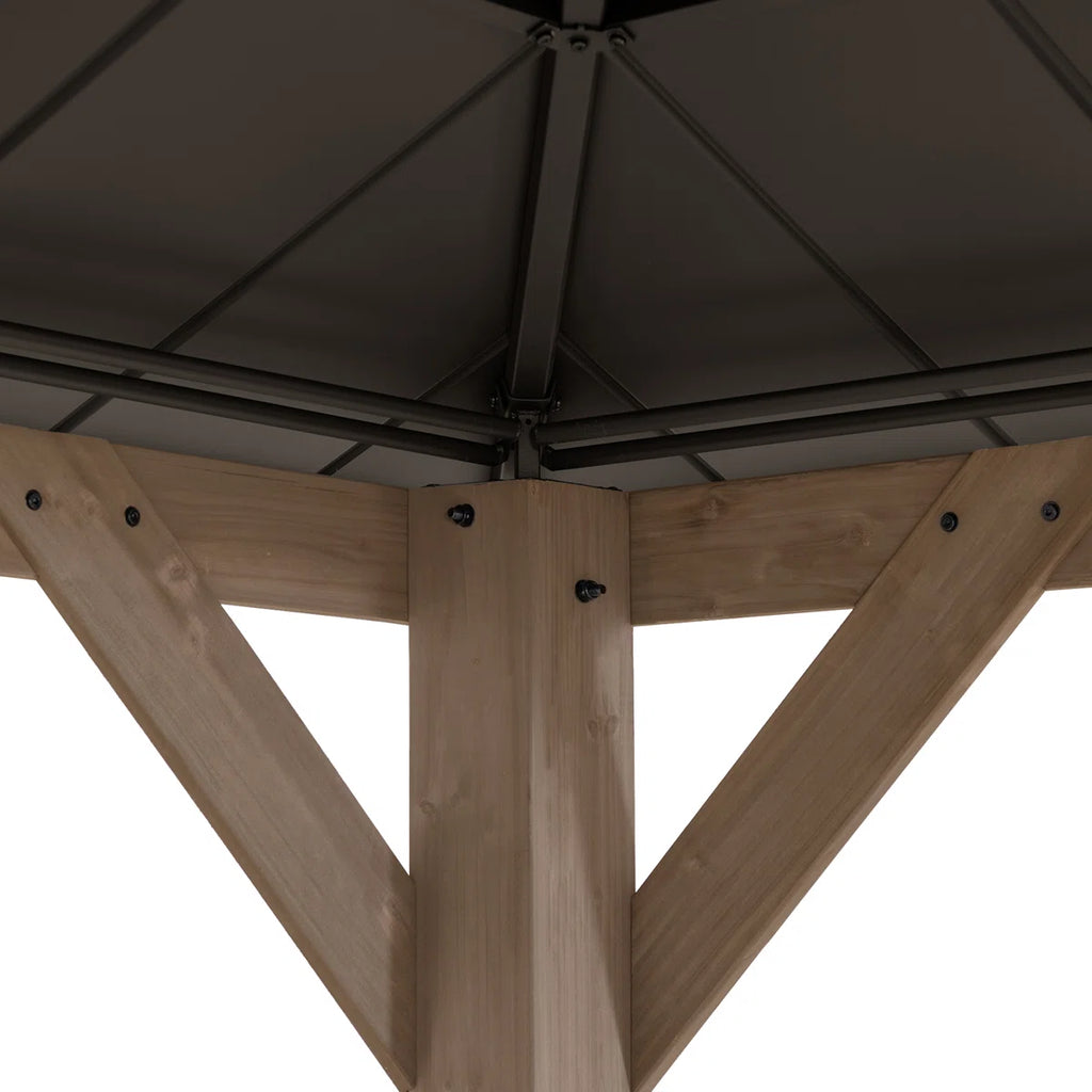 Sunjoy 13 x 15 ft. Wood Gazebo. Outdoor Patio Steel Hardtop Gazebo. Cedar Framed Wooden Gazebo with 2-Tier Metal Roof. Suitable for Patios. Lawn and Backyard