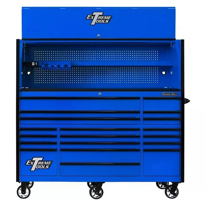 EXTREME TOOLS 72 RX SERIES 19-DRAWER 30 DEEP ROLLER CABINET W/HUTCH - BLUE W/BLACK DRAWER PULLS