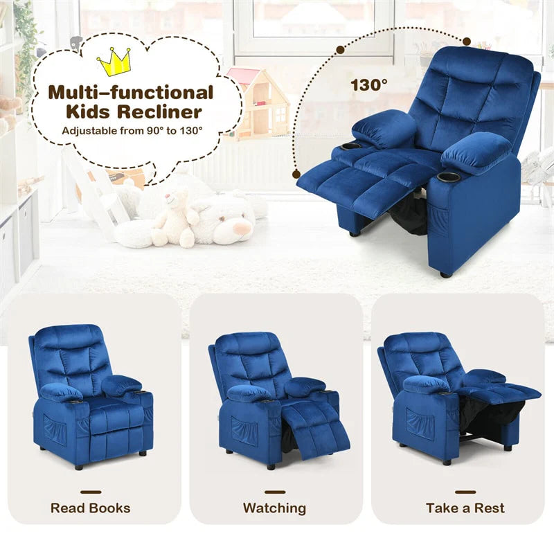 Kids Recliner Chair Adjustable Velvet Lounge Sofa with Cup Holders. 3 Pockets. Retractable Footrest. Toddler Furniture Sofa for Boys Girls Room