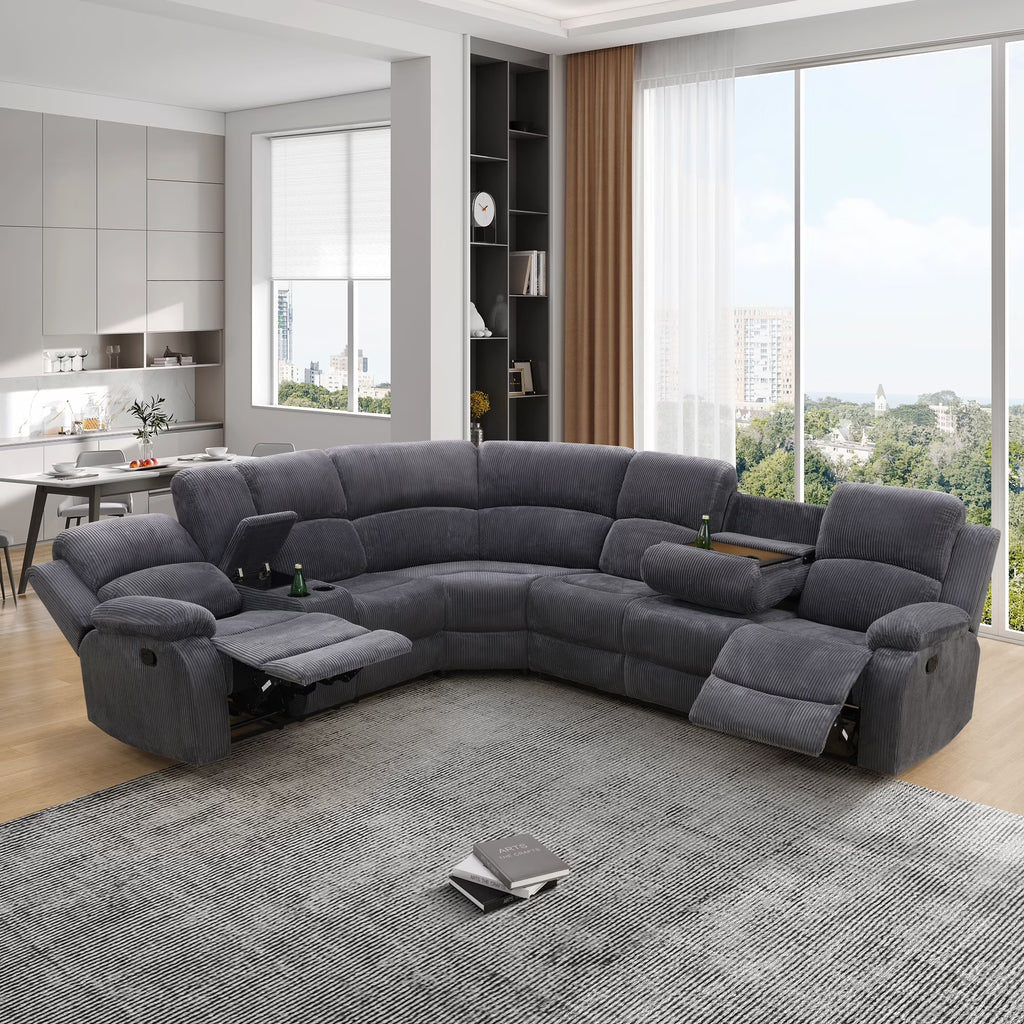 Aukfa 3 - Piece Recliner Sofa Set. 6 Seat Sectional Couch with Cup Holders&Storage Console. Gray