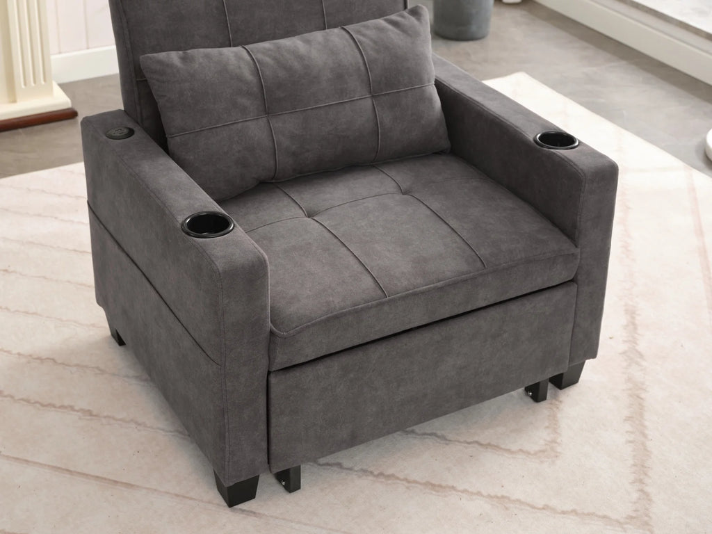 Convertible Futon Sofa Bed. 3 - in - 1 Multi - Functional Sleeper Chair Bed with USB Ports. Adjustable Backrest Recliner. for Living Room Bedroom Small Space. Tech Cloth. Dark Grey
