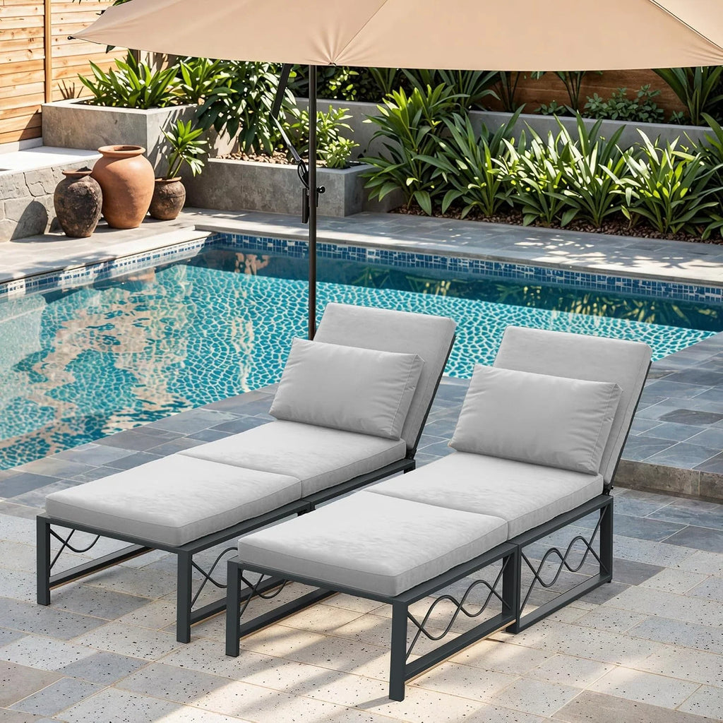 AECOJOY Outdoor Metal Chaise Lounge Chair. Convertible Patio Armchair with Cushions. Adjustable 5-Position Recliner