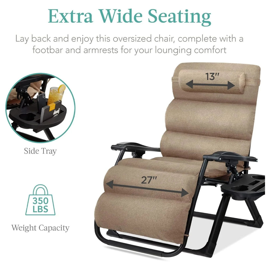 Oversized Chair. Folding Outdoor Patio Recliner. XL Anti Gravity Lounger W/Removable Cushion. Cup Holder. Side Tray. 350 lb Capacity - Taupe