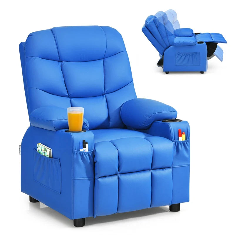 Kids Recliner Chair PU Leather Adjustable Lounge Sofa with Cup Holder. 3 Pockets & Retractable Footrest. Ergonomic Toddler Furniture Sofa