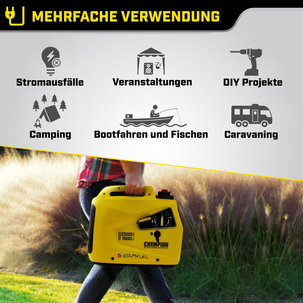 Champion Power Equipment Petrol + Gas Power Generator (2000 Watt. Power Inverter. Generator with LED Display. Dual Fuel. Extremely Quiet) 8200i-E-DF-EU. Yellow