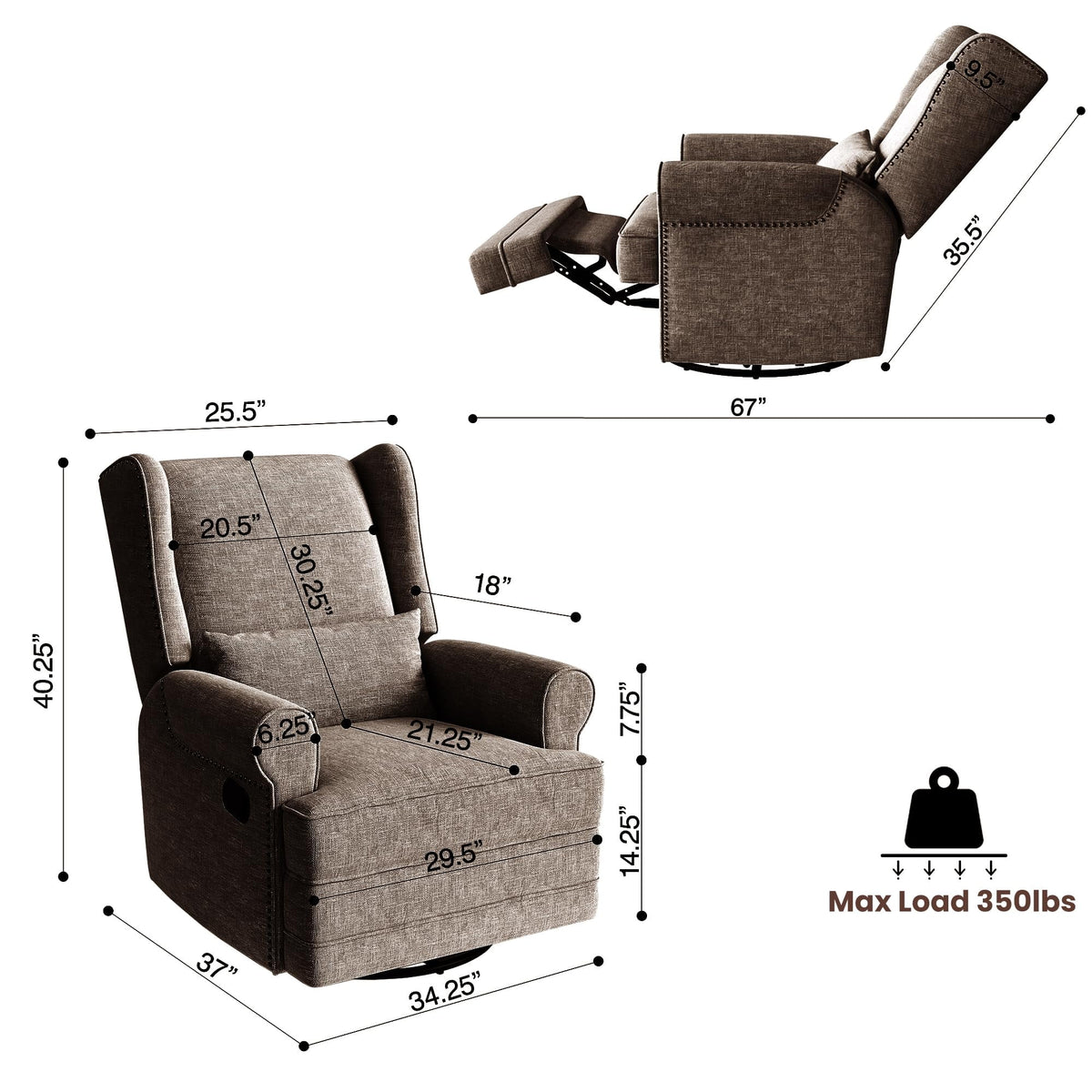 Royalcraft Swivel Nursery Glider Recliner. Comfy Upholstered Glider Chair with Lumbar Pillow and Footrest. Beige