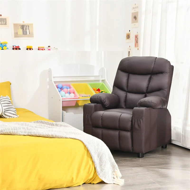 Kids Recliner Chair Adjustable Velvet Lounge Sofa with Cup Holders. 3 Pockets. Retractable Footrest. Toddler Furniture Sofa for Boys Girls Room