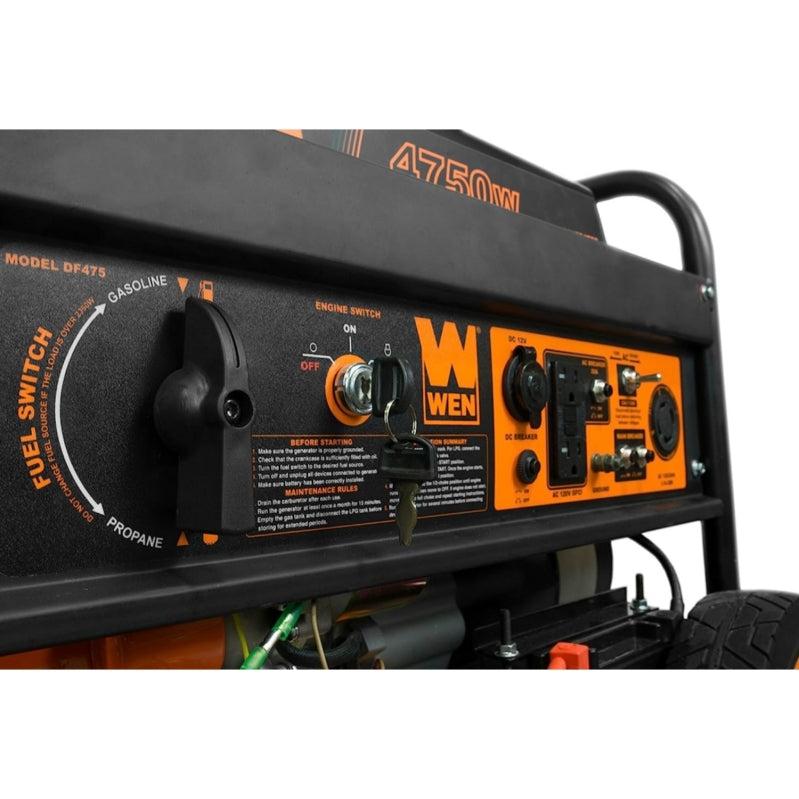 WEN DF475T Dual Fuel 240V Portable Generator with Electric Start Transfer Switch Ready. 4750-Watt. CARB Compliant