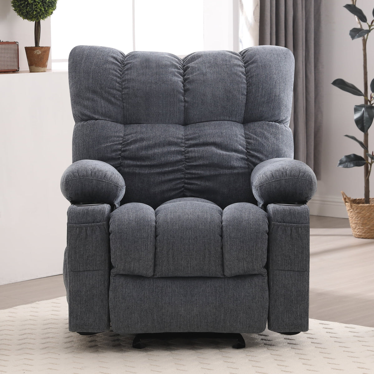 JONPONY Manual Recliner Chair with Heat Therapy and Massage Function. Heavy Duty Reclining Mechanism Massage Chair. Elderly Single Rocker Sofa with Cup Holders for Bedroom Home Theater. Grey