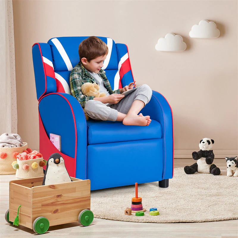 Kids Recliner Chair. Adjustable PU Leather Gaming Sofa with Footrest. Lumbar Support & Side Pockets. Ergonomic Children Lounge Armchair