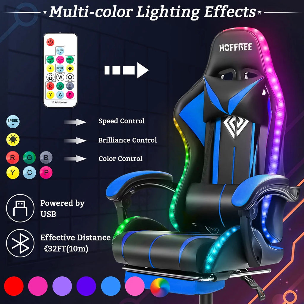 Hoffree Message Gaming Chair with RGB LED Lights. Racing Style Recliner Swivel Video Game Chair with Speakers. Adjustable Ergonomic High Back Computer Chair with Headrest & Lumbar Support