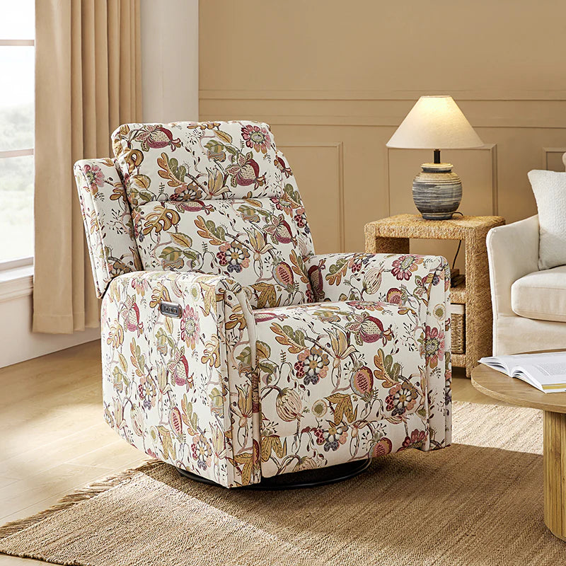 Alois Large Floral Swivel And Rocker Power Recliner With Adjustable Headrest
