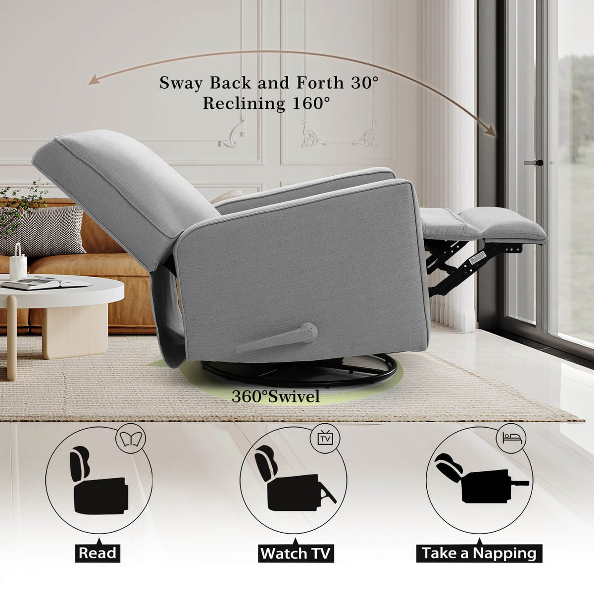 Manual Recliner Nursery Glider & Swivel Rocking Recliner Chair. Fabric