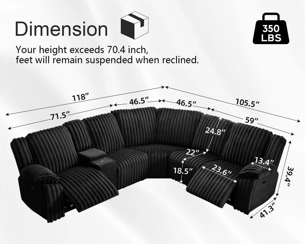 Power Reclining Sectional Sofa with Wireless Charger. 6 - Seater Faux Fur Sectional with Recliners. Hidden Cup Holders. Storage Console. USB & Type - C Ports. Black