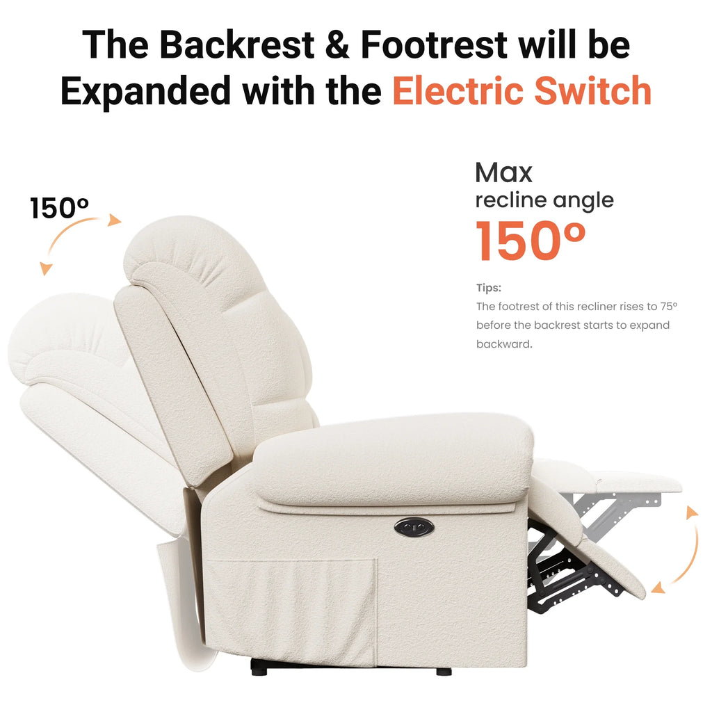 Power Recliner Chair. Electric Recline Sofa Chair for Adults with USB Port. Comfy Teddy Fleece Adjustable Cloud Sofa. Tool - Free Setup. Beige White
