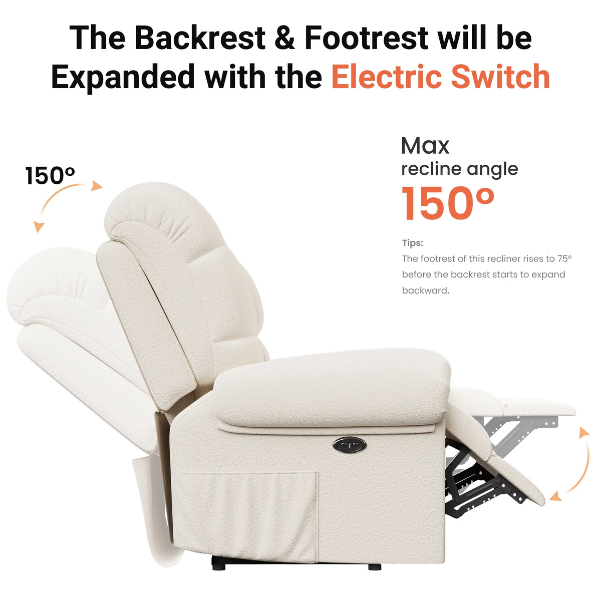 Power Recliner Chair. Electric Recline Sofa Chair for Adults with USB Port. Comfy Teddy Fleece Adjustable Cloud Sofa. Tool - Free Setup. Beige White