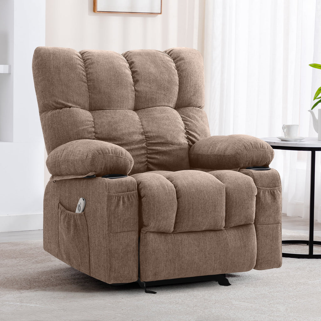 JONPONY Manual Recliner Chair with Heat Therapy and Massage Function. Heavy Duty Reclining Mechanism Massage Chair. Elderly Single Rocker Sofa with Cup Holders for Bedroom Home Theater. Grey