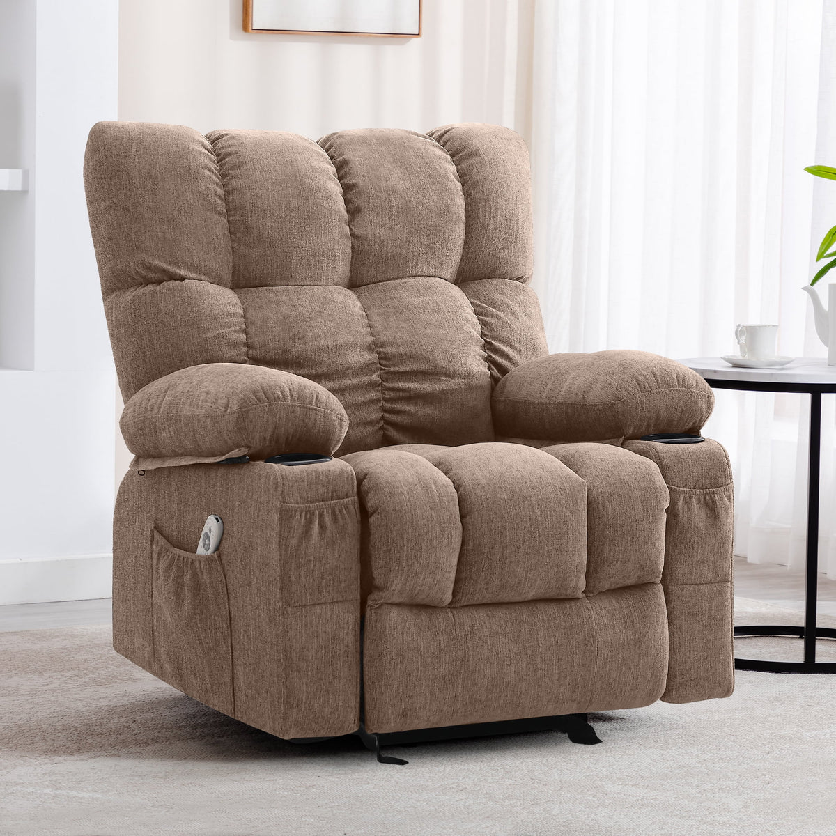 JONPONY Manual Recliner Chair with Heat Therapy and Massage Function. Heavy Duty Reclining Mechanism Massage Chair. Elderly Single Rocker Sofa with Cup Holders for Bedroom Home Theater. Grey