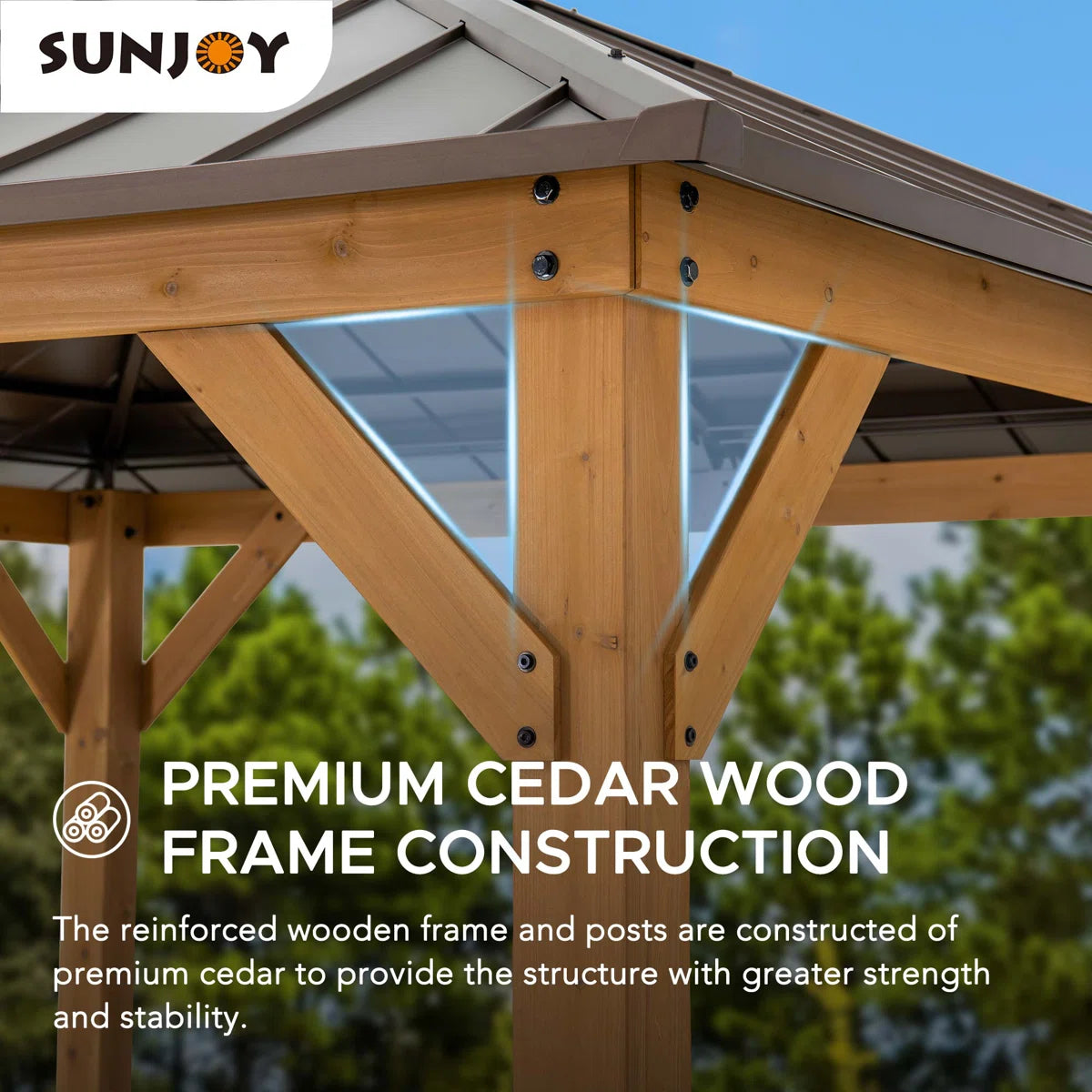 Sunjoy Hardtop Gazebo 11 x 11 ft. Cedar Framed Wood Gazebo with Brown Steel and Polycarbonate Hip Roof Hardtop for Garden. Backyard Shade