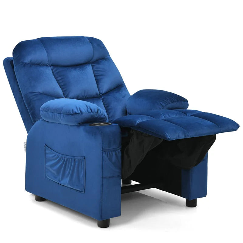 Kids Recliner Chair Adjustable Velvet Lounge Sofa with Cup Holders. 3 Pockets. Retractable Footrest. Toddler Furniture Sofa for Boys Girls Room