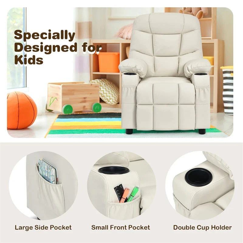 Kids Recliner Chair PU Leather Adjustable Lounge Sofa with Cup Holder. 3 Pockets & Retractable Footrest. Ergonomic Toddler Furniture Sofa