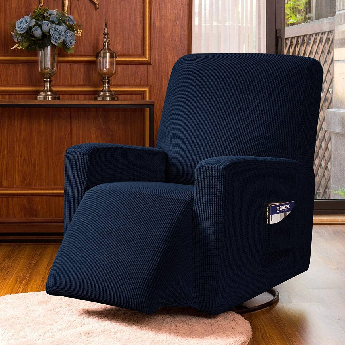 Subrtex Stretch 1-Piece Textured Grid Recliner Slipcover. Navy. Size: One Size