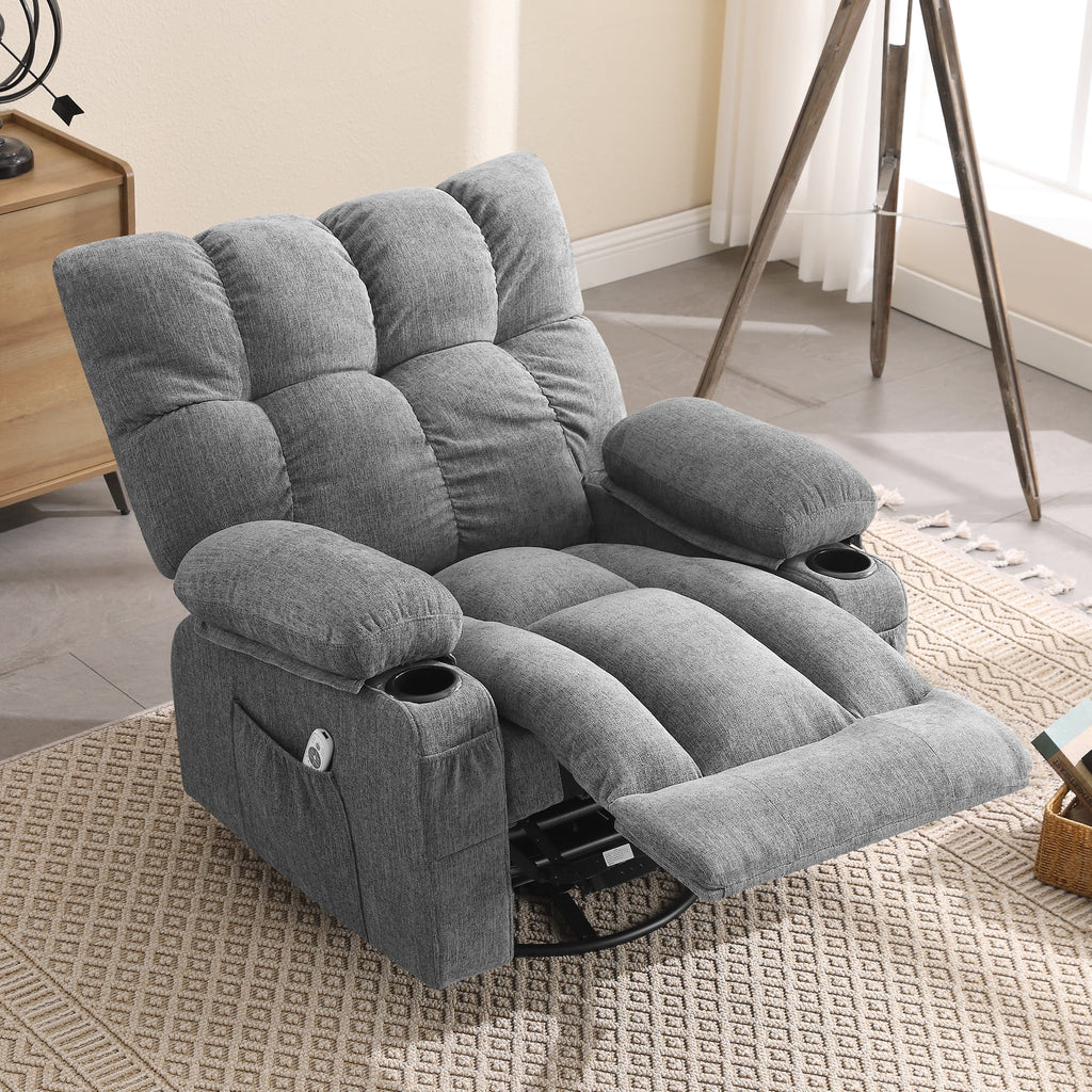 JONPONY Manual Recliner Chair with Heat Therapy and Massage Function. Heavy Duty Reclining Mechanism Massage Chair. Elderly Single Rocker Sofa with Cup Holders for Bedroom Home Theater. Grey