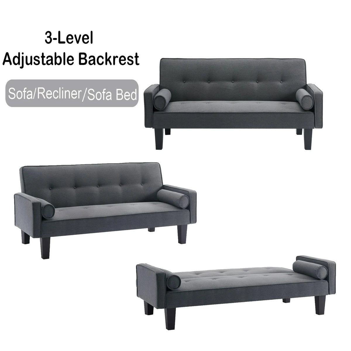 72 Convertible Loveseat Sofa Bed Sleeper Daybed. Modern Upholstered Folding Recliner. Small Futon Sofa for Living Room Apartment Office. Gray 02