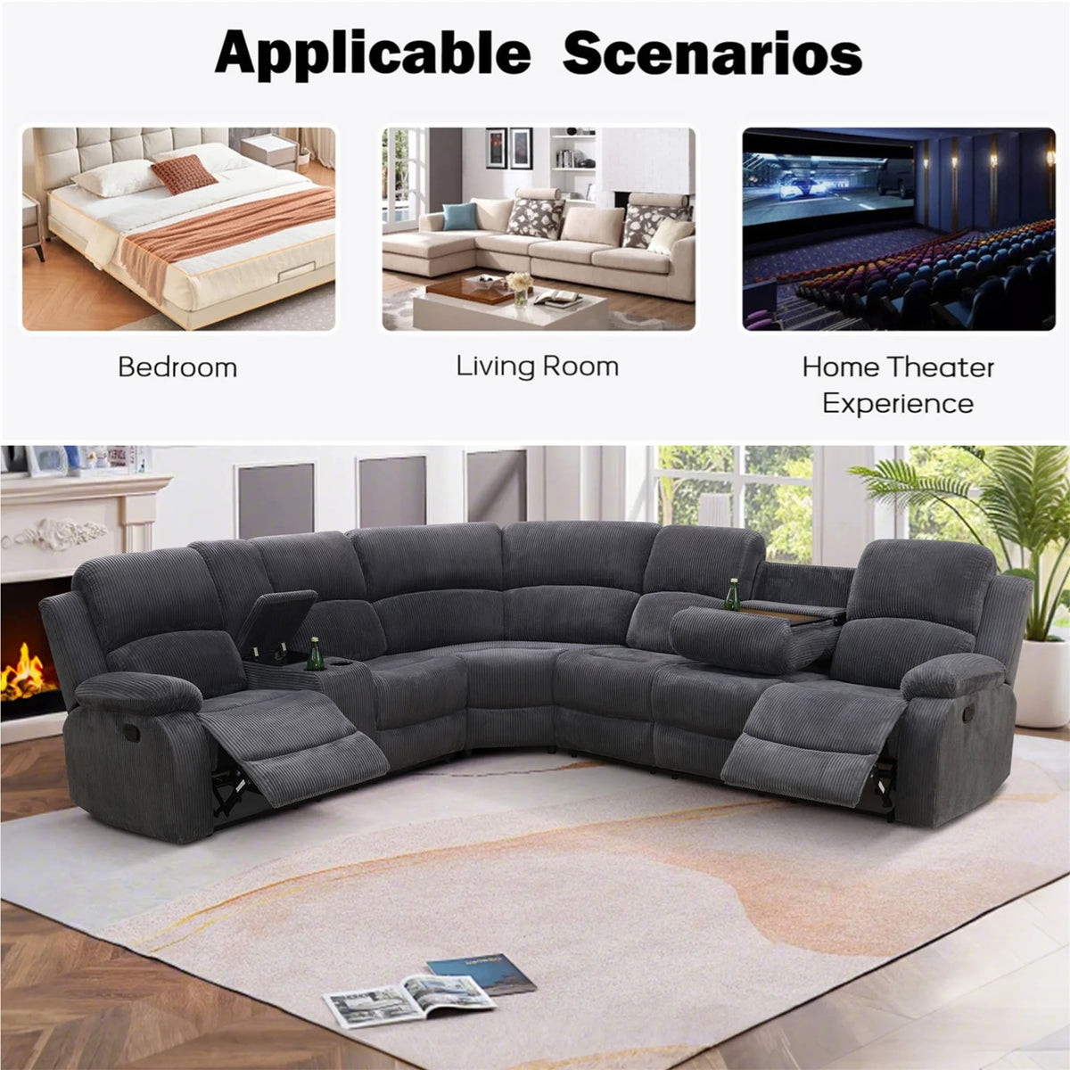 Aukfa 3 - Piece Recliner Sofa Set. 6 Seat Sectional Couch with Cup Holders&Storage Console. Gray