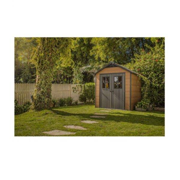 7.5×7 Large Resin Outdoor Storage Shed Kit – Perfect to Store Patio Furniture. Garden Tools. Bike Accessories. and Lawn Mower. Mahogany Brown