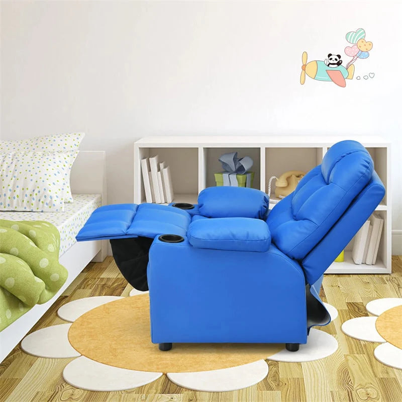 Kids Recliner Chair PU Leather Adjustable Lounge Sofa with Cup Holder. 3 Pockets & Retractable Footrest. Ergonomic Toddler Furniture Sofa
